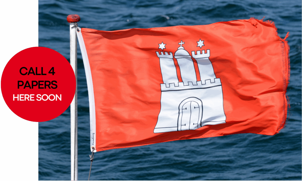 Picture with flag of Hamburg and a sign reading 'CALL 4 PAPERS HERE SOON'